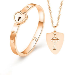 2Pcs/Set Couple Jewelry Sets Love Heart Lock Bracelet Key Pendant Titanuim Steel Necklace Jewelry