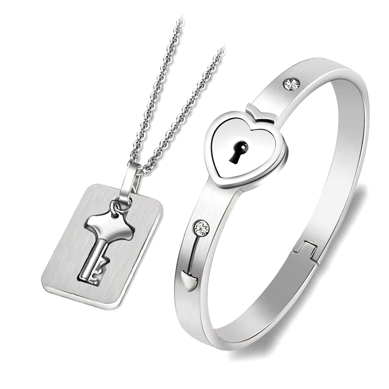 2Pcs/Set Couple Jewelry Sets Love Heart Lock Bracelet Key Pendant Titanuim Steel Necklace Jewelry