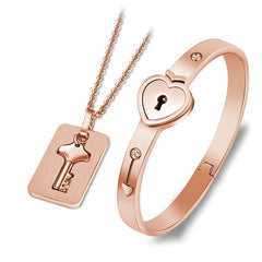 2Pcs/Set Couple Jewelry Sets Love Heart Lock Bracelet Key Pendant Titanuim Steel Necklace Jewelry