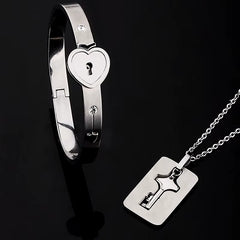 2Pcs/Set Couple Jewelry Sets Love Heart Lock Bracelet Key Pendant Titanuim Steel Necklace Jewelry